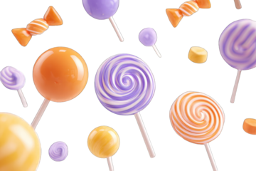 Colorful candy, lollipops, and hard candies in various shapes and colors, levitating against a black background