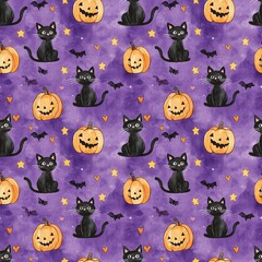 Halloween seamless pattern. Watercolor illustration with black cats and pumpkins, cute cartoon style