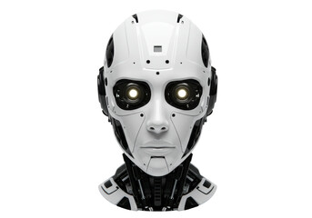 Isolated humanoid robot head, futuristic artificial intelligence android with glowing eyes