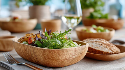 A wooden bowl of fresh green salad with rustic bread on a table, symbolizing eco-friendly choices, sustainable living, and healthy, environmentally conscious eating.
