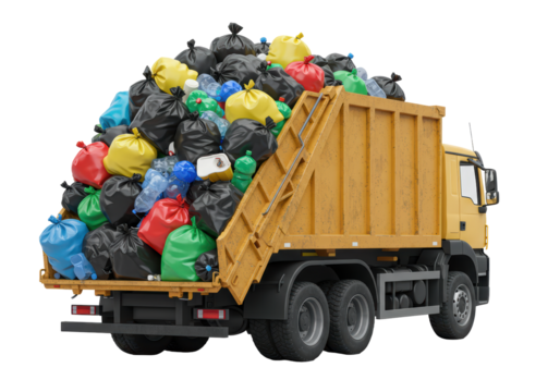 Isolated trash truck hauling colorful garbage bags filled with litter, waste, and recycling