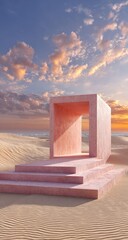 Pink concrete structure on sand dunes at sunset