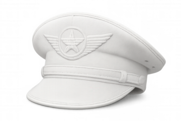 White pilot, captain or air marshal hat with badge and wings isolated on transparent background, perfect for travel and transportation projects