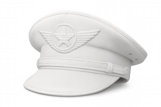 White pilot, captain or air marshal hat with badge and wings isolated on transparent background, perfect for travel and transportation projects