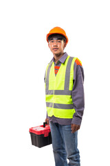 Portrait of young male engineers holding a toolbox standing isolated on white background