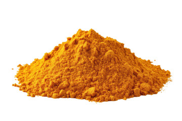 A mound of bright yellow turmeric powder isolated on a transparent background, highlighting its fine grain and golden hue for health and cooking