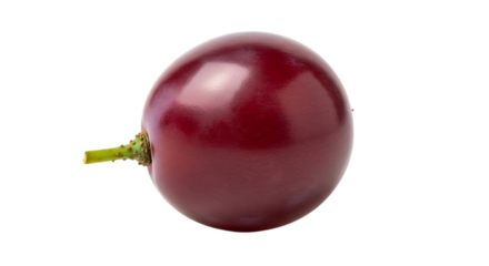 Single dark red grape with green stem on black fruit isolated on a transparent background