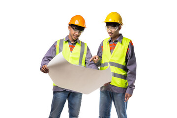 Two young Asian engineers wearing yellow vests and helmets holding blueprints, standing isolated against a white background.