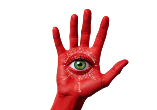 Isolated mystical red hand symbol with green eye in palm representing third eye concept