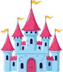 Whimsical light blue fairytale castle with bright pink turrets and yellow flags a magical fantasy kingdom structure isolated on transparent background
