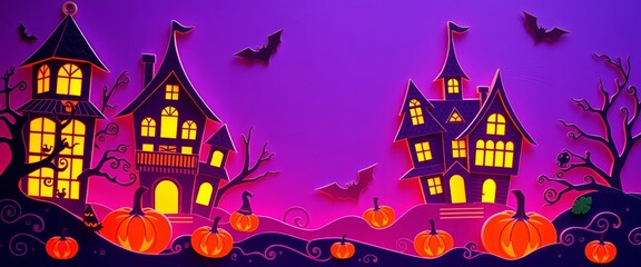 Intricate paper cut Halloween card; purple & blue background, haunted houses, pumpkins,  design,   shadow