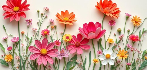 Fototapeta premium Layered paper cut wildflowers, vibrant petals, delicate stems, soft romantic aesthetic, craft, nature