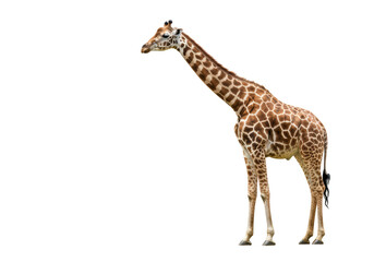 Isolated giraffe standing tall, looking to the left side, in full frame, standing still