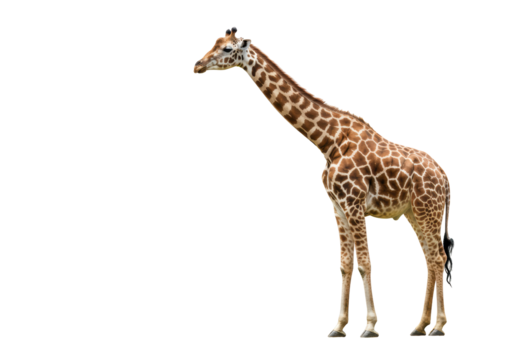 Isolated giraffe standing tall, looking to the left side, in full frame, standing still