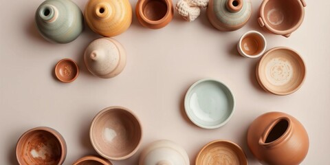 Flat lay of various handmade ceramic pottery pieces on a neutral background, pottery,   handcrafted