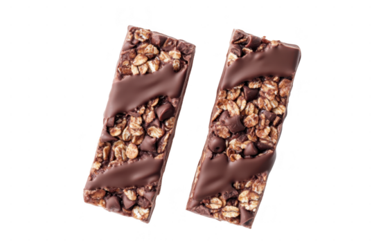 Two chocolate granola bars with a drizzle of chocolate isolated on a transparent background, offering a healthy snack option