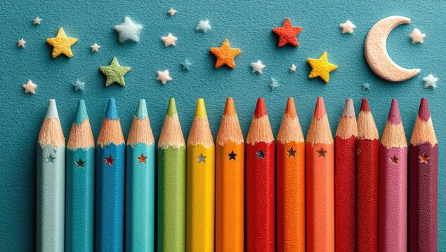 Colorful pencils lined up against a teal background, adorned with star and moon shapes