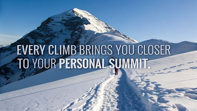 Motivational quote about climbing towards a personal summit on a snowy mountain background.