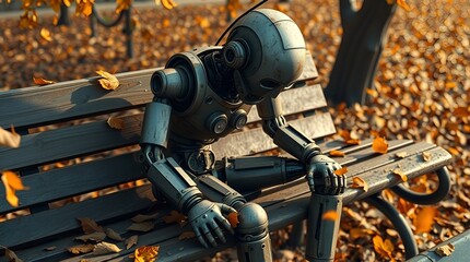 robot with a sad or pensive expression sitting alone on a park bench