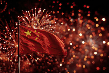 The Chinese flag flutters against the night sky and colorful fireworks explode. The day of celebration of the National Day of the People's Republic of China.