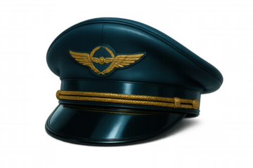 Shiny blue pilot cap with gold wings and propeller insignia isolated on transparent background, representing aviation and air travel