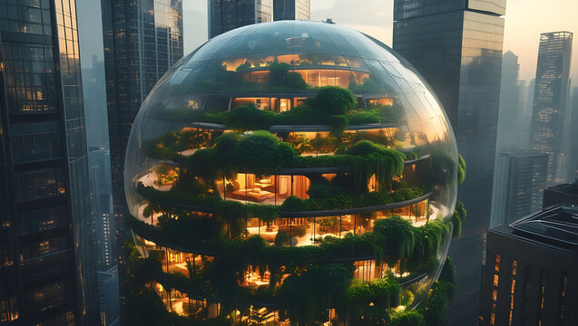 Futuristic biophilic skyscraper blends nature and urban architecture seamlessly