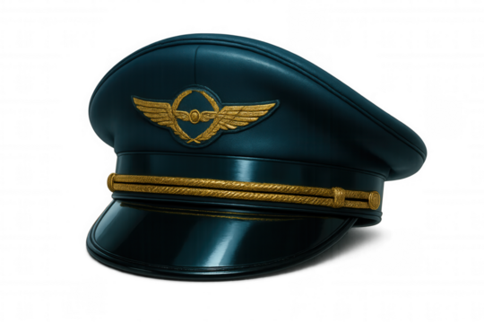 Shiny blue pilot cap with gold wings and propeller insignia isolated on transparent background, representing aviation and air travel