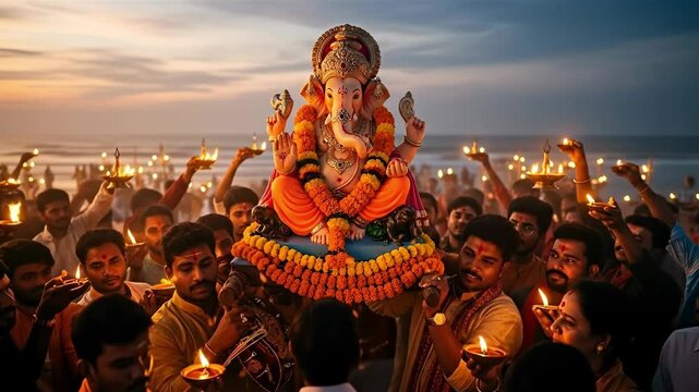 Grand ganesha chaturthi visarjan procession with devotees carrying diyas golden sunset light illuminating the festive scene
