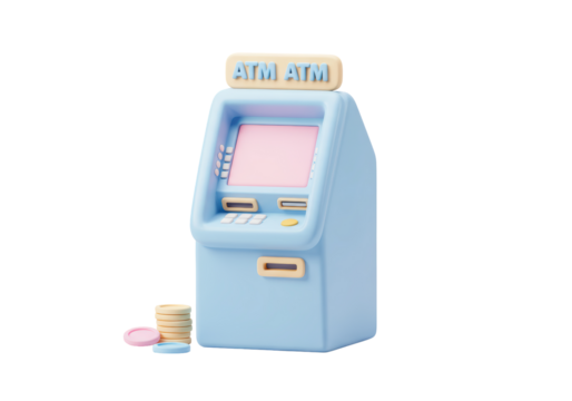 Isolated light blue ATM terminal with coins near the bottom on a transparent background