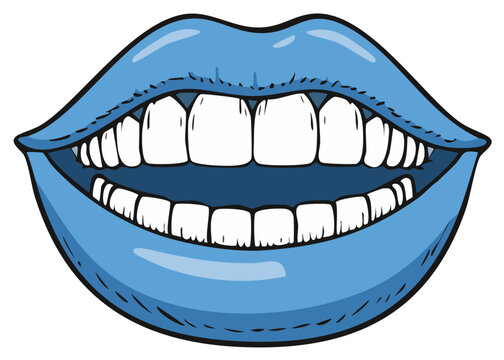 Blue Lips Smiling Showing White Teeth Cartoon Style Illustration