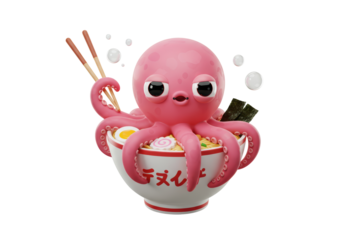 Isolated Pink octopus eating ramen, holding chopsticks, adorable cartoon character render