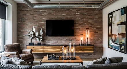 Modern Living Room Interior with Brick Wall and Contemporary Design.
