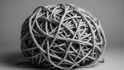 A large tangled ball of thread is shown in monochrome (black and white) photography.