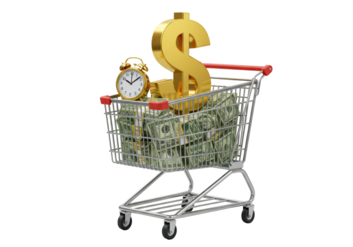 Isolated money trolley full of dollar bills, clock, time is money or spend money concept