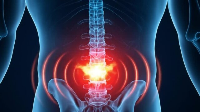 Illustration of the human spine highlighting lower back pain, representing a medical condition, injury, or inflammation in the vertebral area