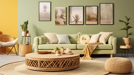 A modern bohemian living room with light green walls, a soft ochre-yellow floor-level sofa with large round cushions, a rustic woven coffee table, and a gallery wall of macrame art.