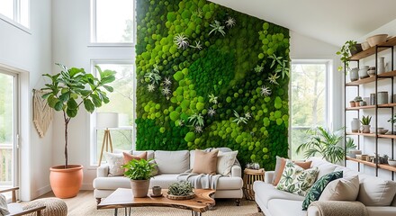 Modern Living Room with Vertical Garden Wall and Natural Light.