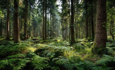 Obraz premium Sunlight filters through a dense forest of tall trees, illuminating a carpet of ferns