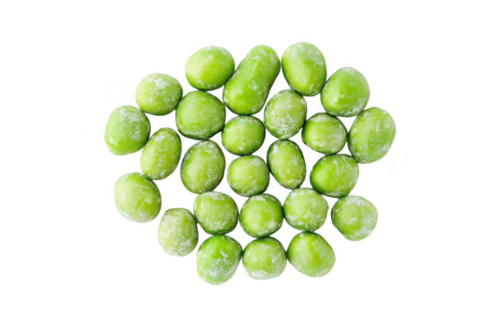 Topdown perspective of several green wasabi peas arranged in a circular formation on a plain transparent background