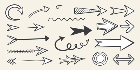 A collection of hand-drawn arrows in various styles, arranged randomly on a clean white background. The arrows vary in shape and direction, including straight, curved, wavy, zigzag, looped, dashed, an