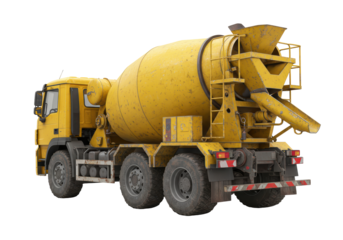 Isolated concrete mixer truck ready to pour materials, yellow construction vehicle heavy equipment