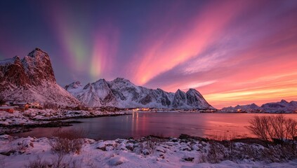 Snowy village bathed in vibrant pink and purple aurora sunrise