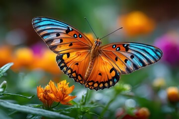 Obraz premium Vivid Orange and Blue Butterfly with Open Wings in a Colorful Flower Garden