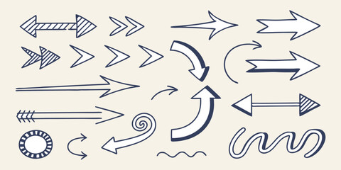 A collection of hand-drawn arrows in various styles, arranged randomly on a clean white background. The arrows vary in shape and direction, including straight, curved, wavy, zigzag, looped, dashed, an