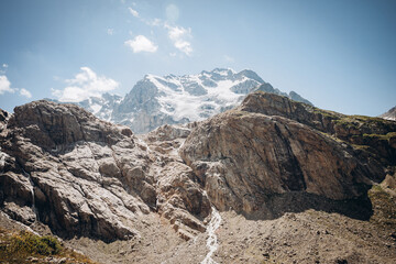 Adyrsu Gorge. Mount Ullu-Tau. Beautiful view of the raging mountain river. Nature and travel. Russia, Caucasus, Kabardino-Balkaria