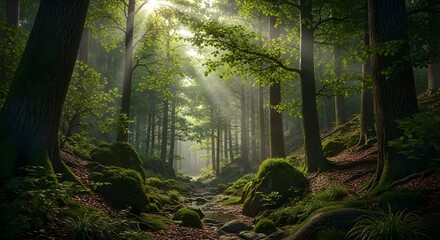 Dense Sunlit Forest with Moss and Foliage