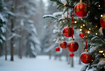 beautiful red christmas balls and fairy lights on a snowy coniferous tree outside