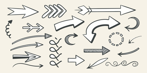 A collection of hand-drawn arrows in various styles, arranged randomly on a clean white background. The arrows vary in shape and direction, including straight, curved, wavy, zigzag, looped, dashed, an