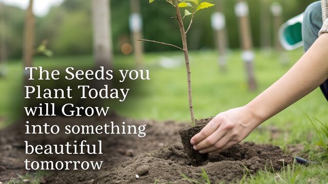 Person planting a young tree sapling with an inspirational quote about future growth.