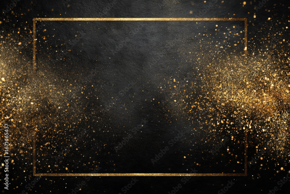 Poster elegant black and gold gradient background with shimmering particles and central space
